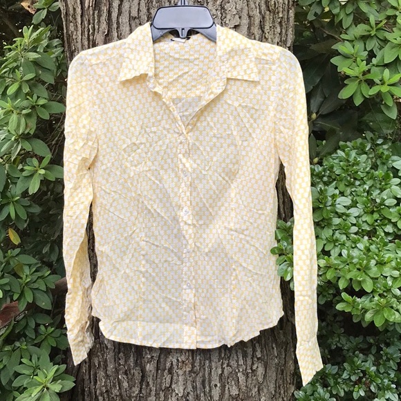 J. Crew Yellow White Long Sleeves Button Down Up Fitted Blouse S Small Circles - Picture 1 of 15